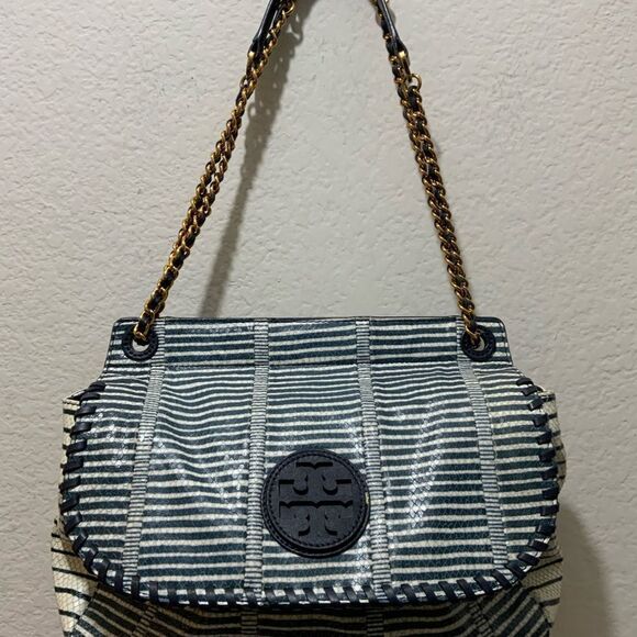 TORY BURCH MARION PATCHWORK SADDLEBAG Blue white liknew - Picture 7 of 16